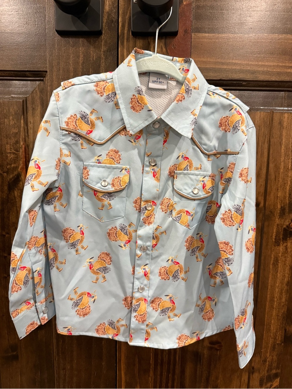 Kids Light Blue Turkey-Print Western Button-Down Shirt